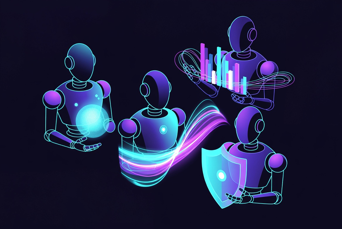 Dark-mode illustration of specialized AI agent team for content creation