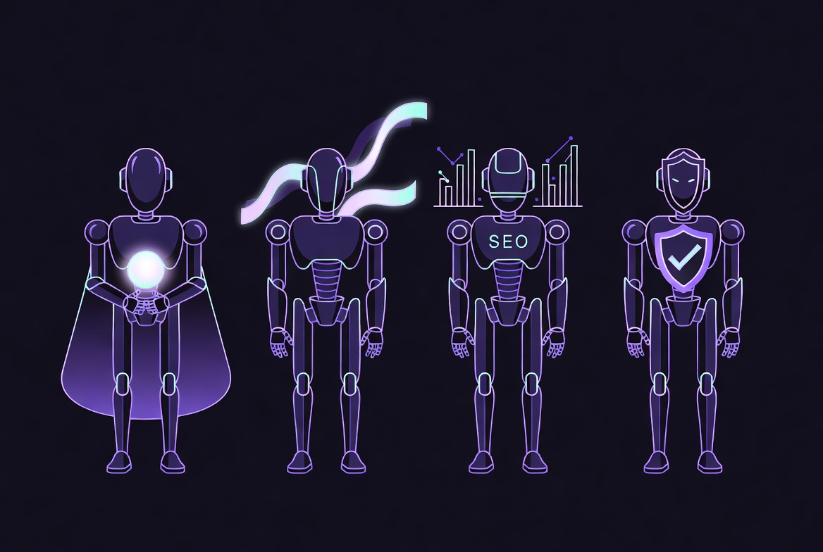 Diverse team of specialized AI agents for content creation: Research, Writer, SEO, Editor