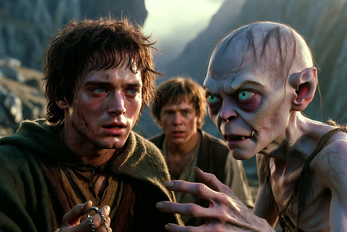 Frodo Baggins confronting Gollum on the path to Mordor, with Samwise watching warily – a pivotal moment of psychological tension and the Ring's corrupting influence