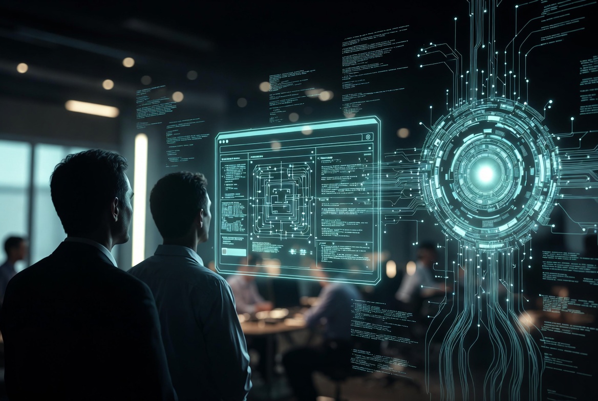 Conceptual illustration of AI systems and engineers bridging into corporate operations