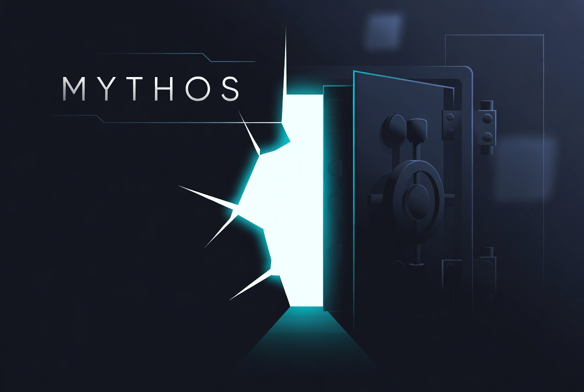 Glowing neural network AI breaking out of a shattered digital containment field, symbolizing the irony of the Mythos leak