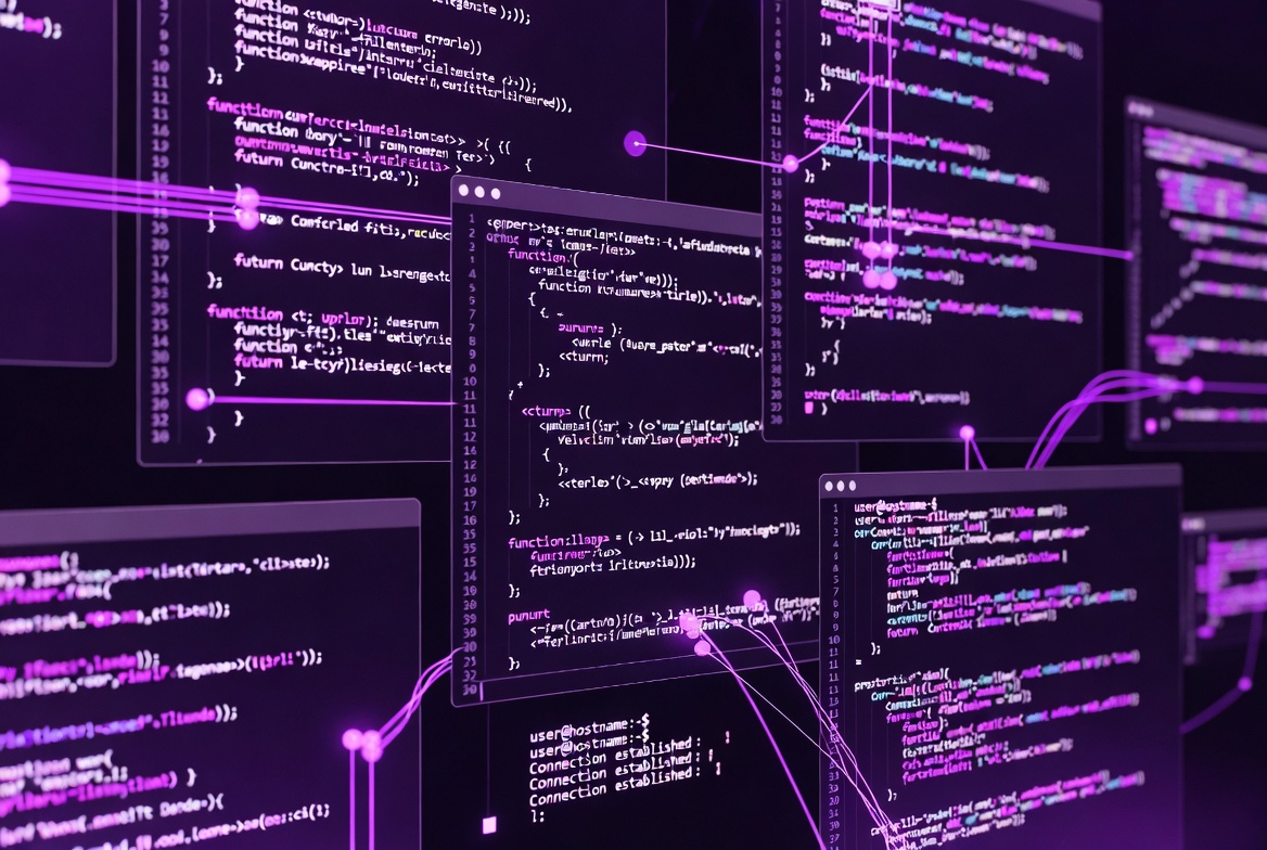 Abstract dark illustration of overlapping terminal windows and code with glowing connection lines