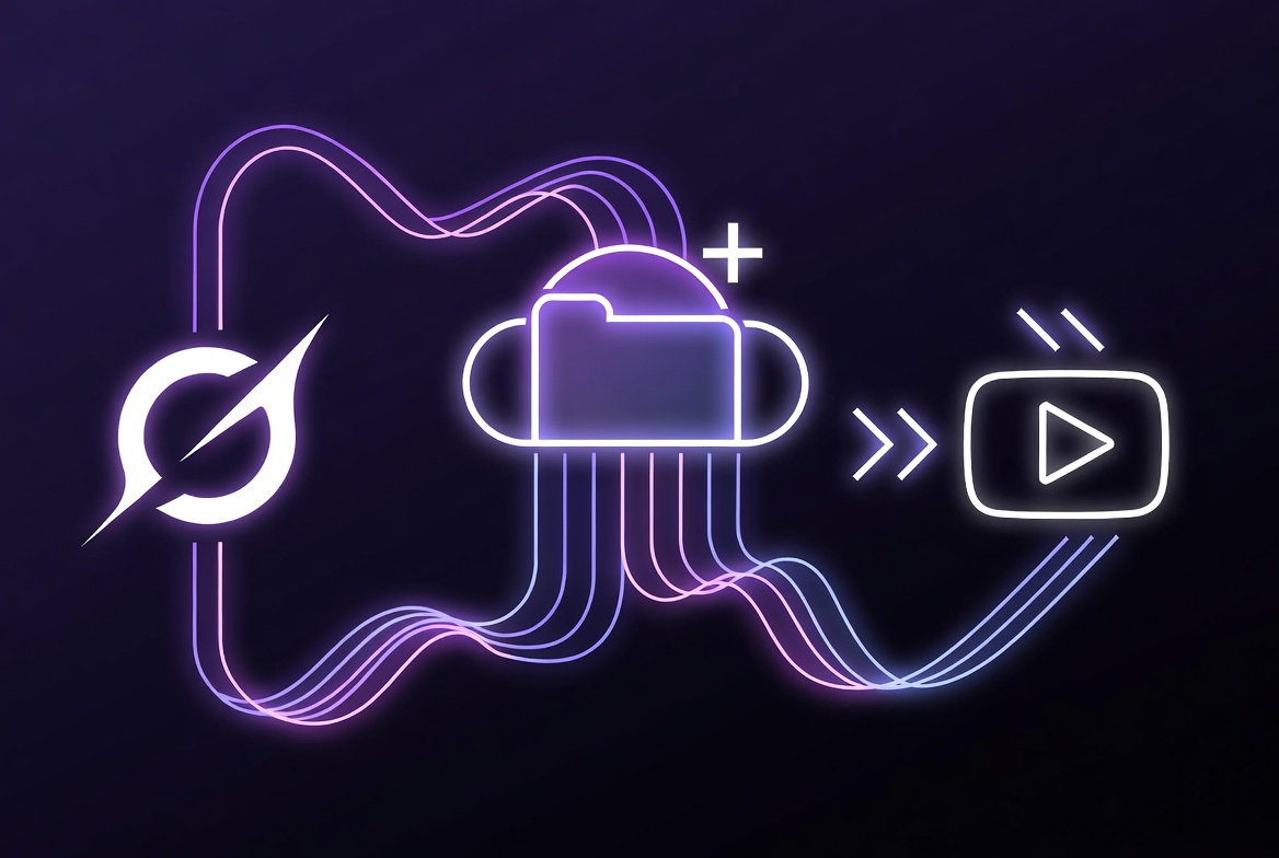 Abstract diagram showing data flowing from cloud storage through a central hub to YouTube