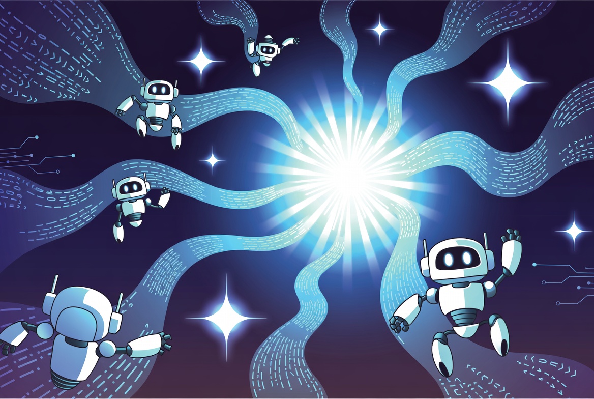 Dark abstract cyberpunk scene of glowing code streams and AI agents