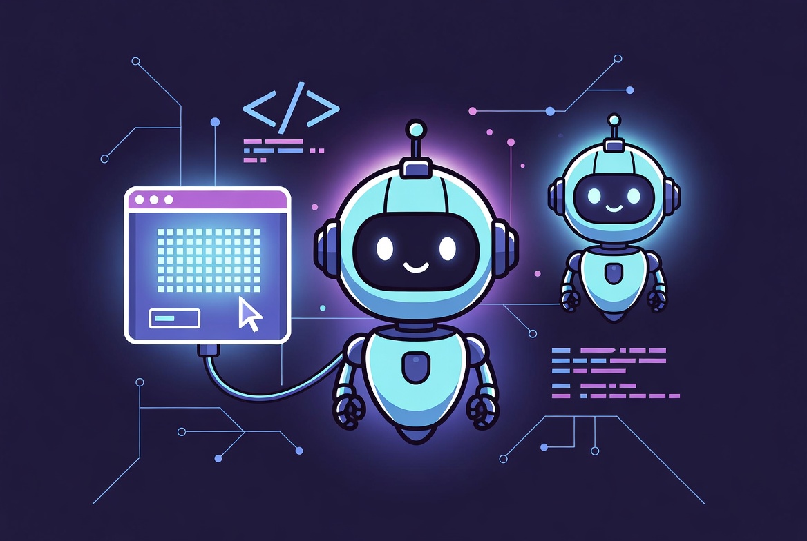 Bold cartoon robot agents connected to terminal for big tech coding section
