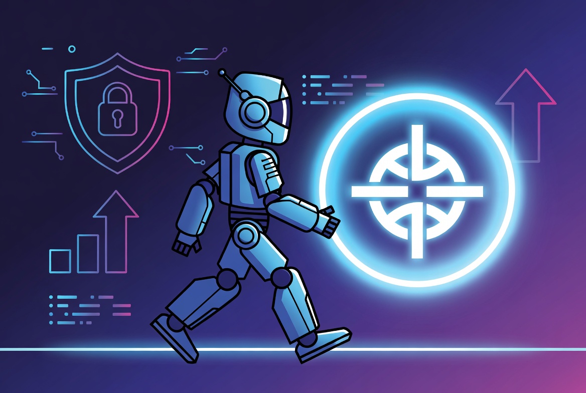 Robot agent on path with security and future icons for outlook section