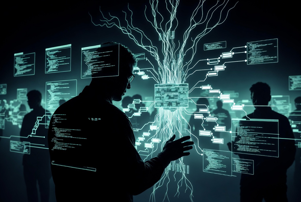 Futuristic developer collaborating with holographic code trees and AI