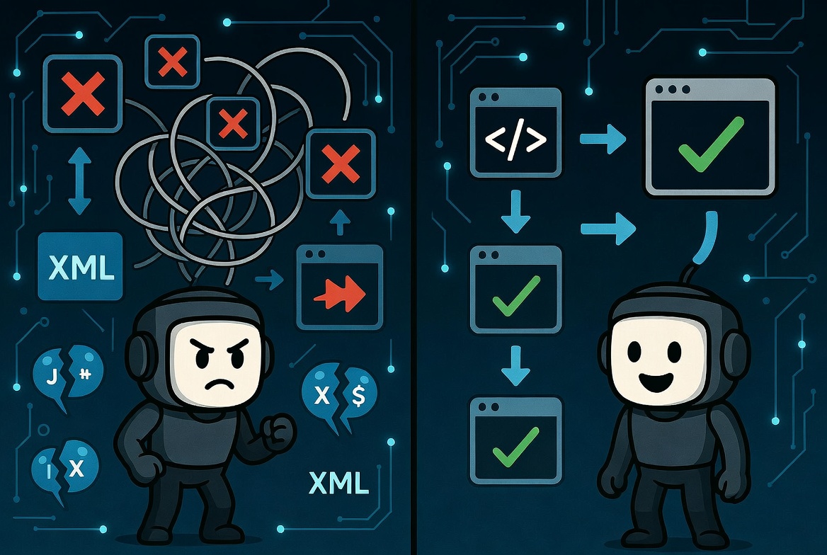 Bold cartoon illustration contrasting chaotic tool call errors and malformed outputs on the left with clean successful agent workflows, code edits, and happy outcomes on the right in a Cline context