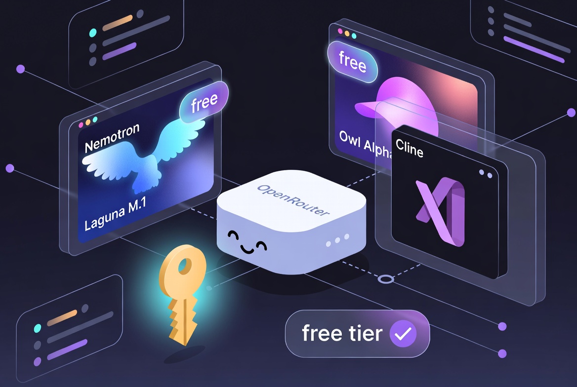 Cartoon bold outline illustration of OpenRouter as a friendly central hub connecting free-tier AI model cards (Laguna M.1, Owl Alpha, Nemotron) with glowing badges and a key icon, linked to Cline in VSCode