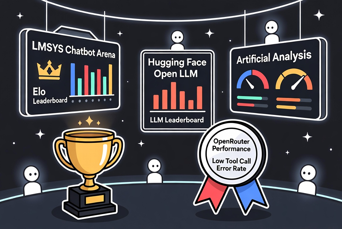 Bold cartoon illustration of a glowing futuristic trophy arena showcasing leaderboards and awards for LMSYS Chatbot Arena, Hugging Face Open LLM, Artificial Analysis, OpenRouter Tool Call Error Rate performance, and Cline community feedback