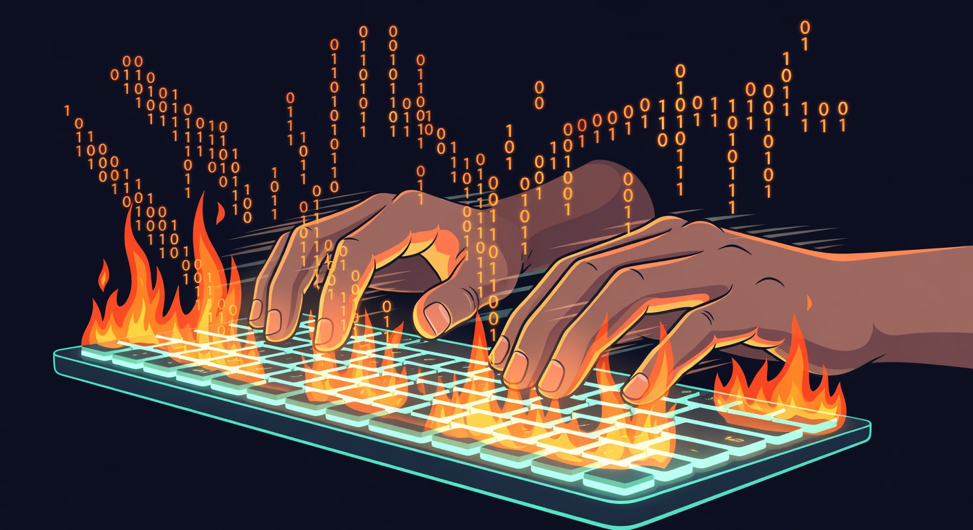 Hands typing on keyboard with glowing binary code and digital fire