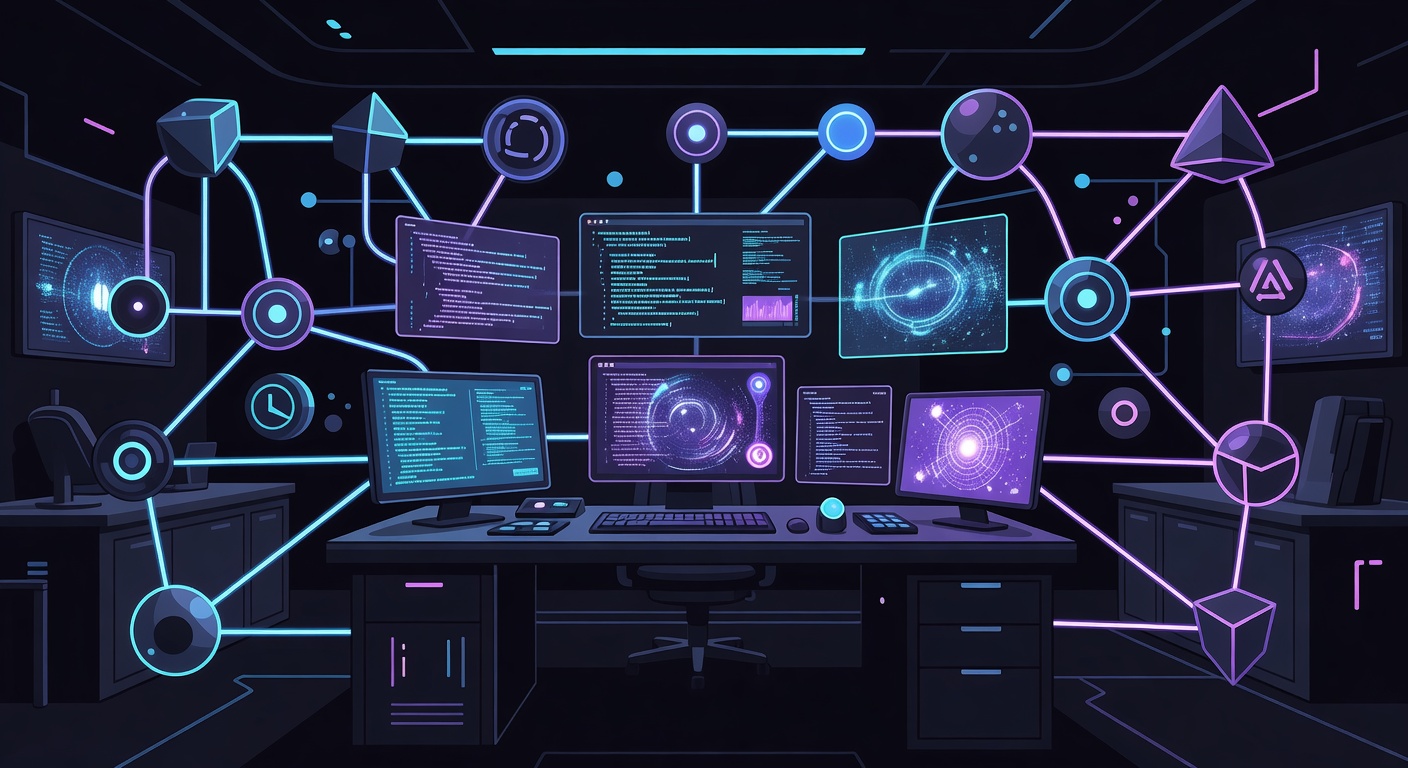 Futuristic AI agent workspace with holographic screens and data visualizations