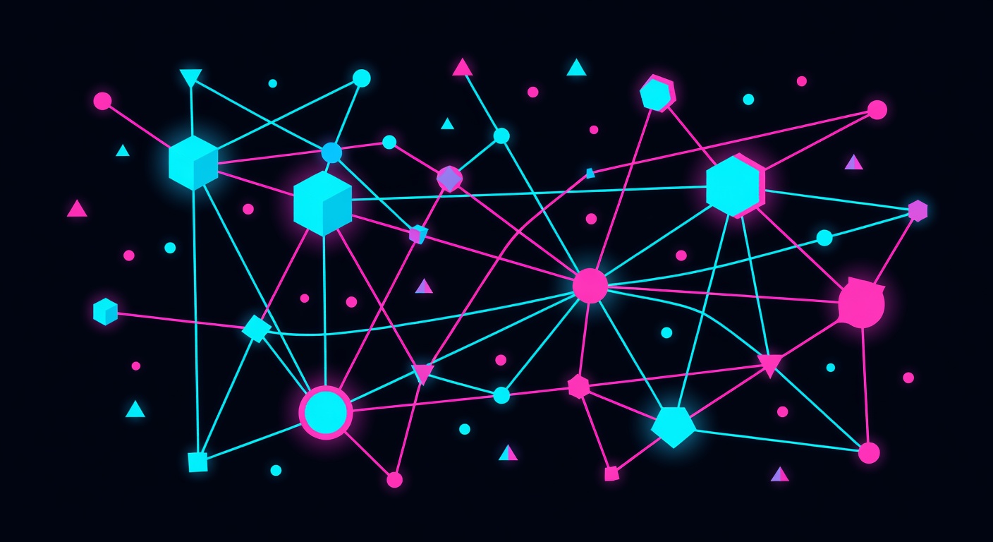 Abstract AI agent swarm with big tech and indie nodes connected by data threads