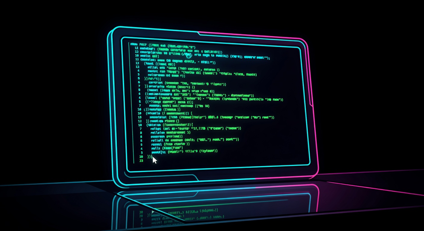 Futuristic terminal screen glowing in the dark with scrolling code