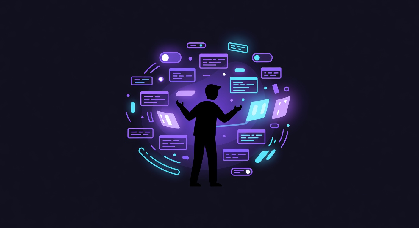 Abstract vibe coding scene with developer silhouette surrounded by floating AI code blocks