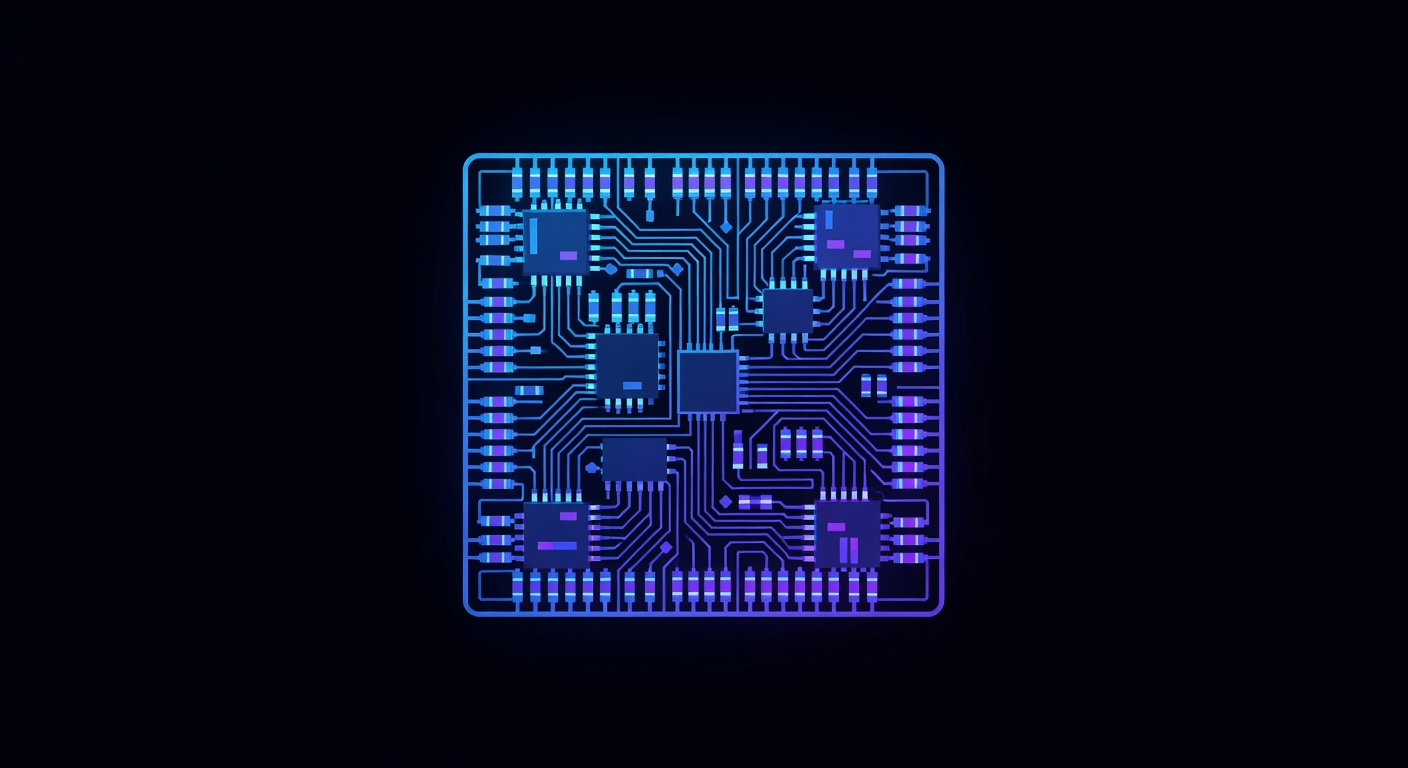 Futuristic AI chip die with glowing circuit patterns under microscope