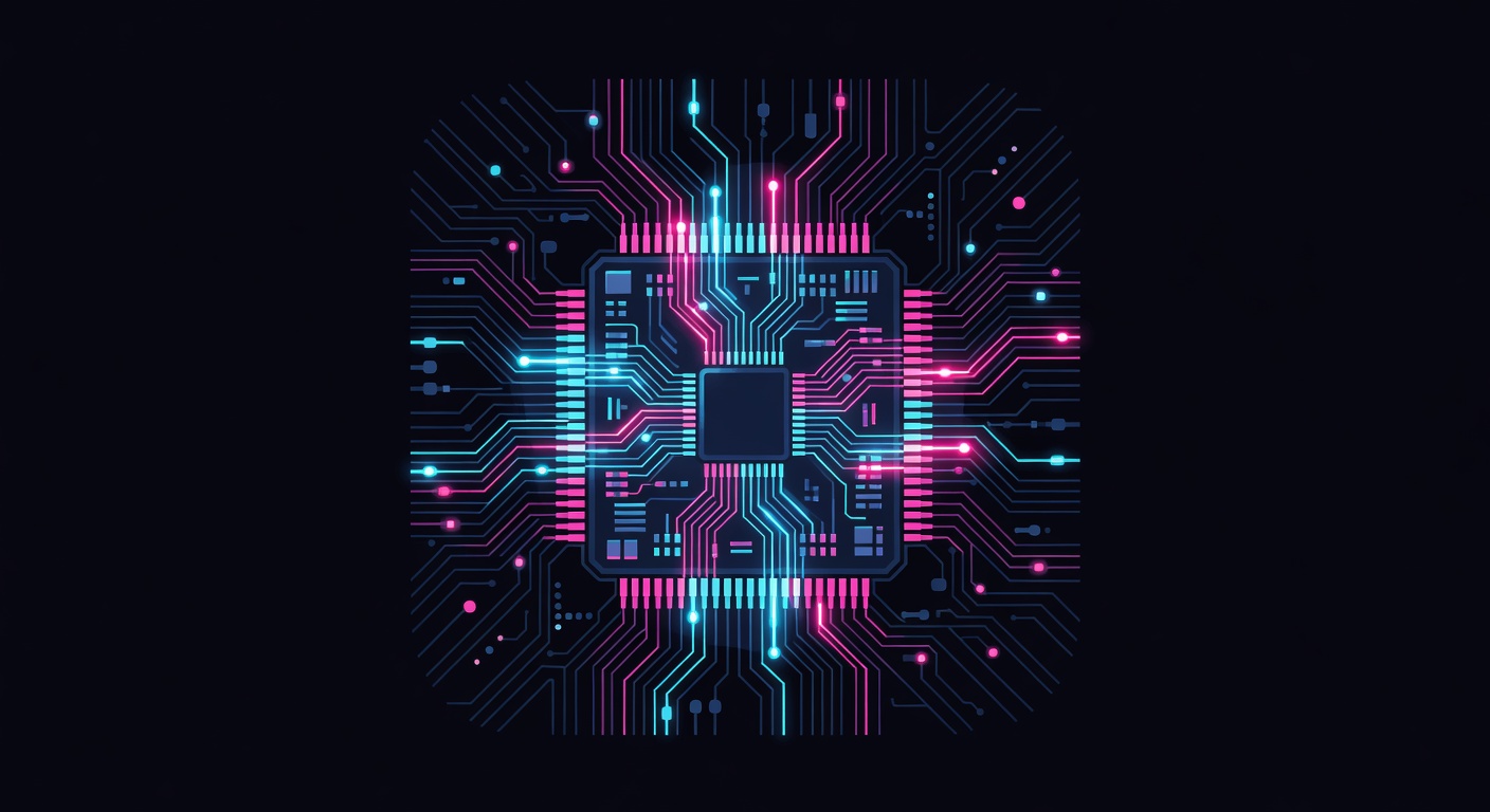 Glowing microchip circuit board with neon data traces