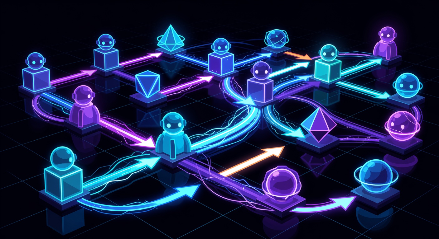 Abstract AI agents collaborating in a dark digital workspace