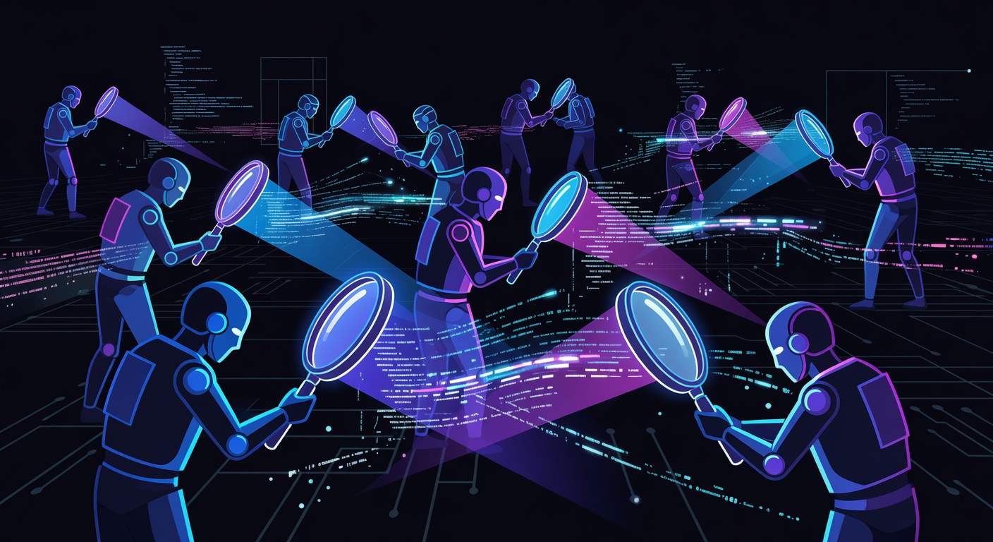 Abstract multi-agent security scanning scene showing glowing AI agents examining code