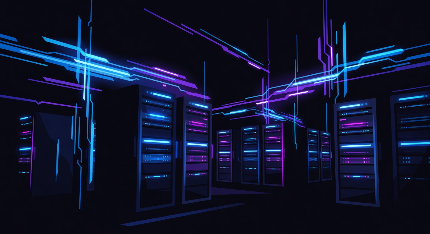 Dark data center interior with neon-lit server racks and holographic data streams