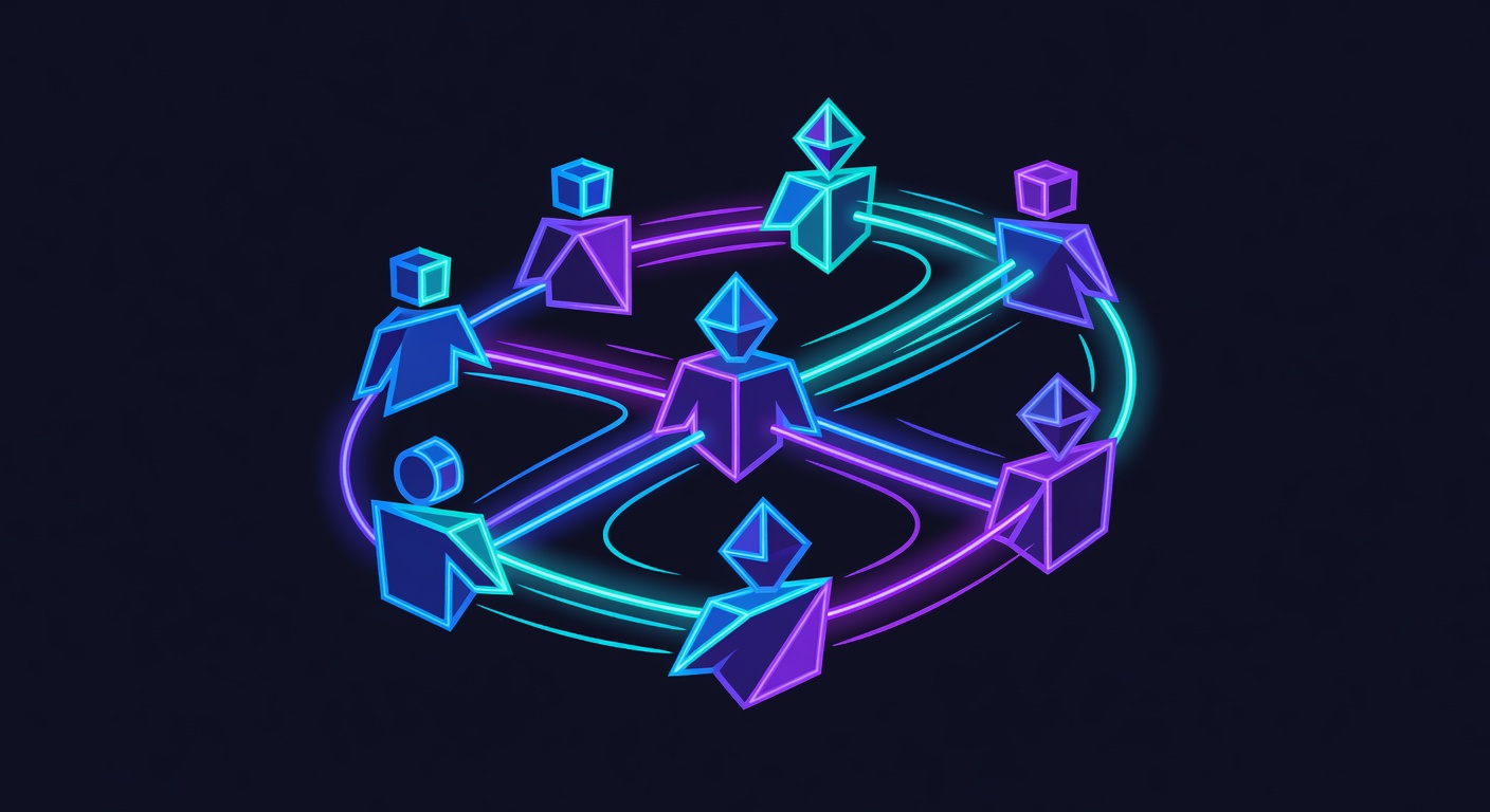 Abstract multi-agent collaboration scene in neon dark tech style