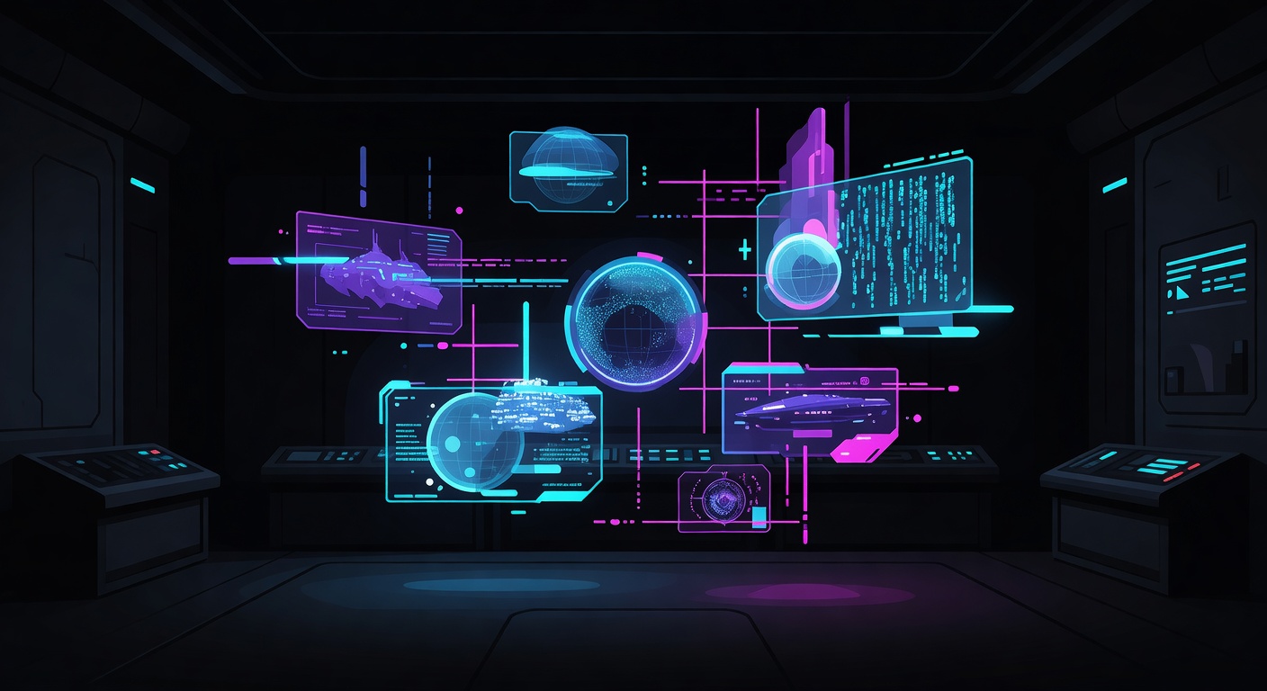 Floating holographics in a dark neon control room