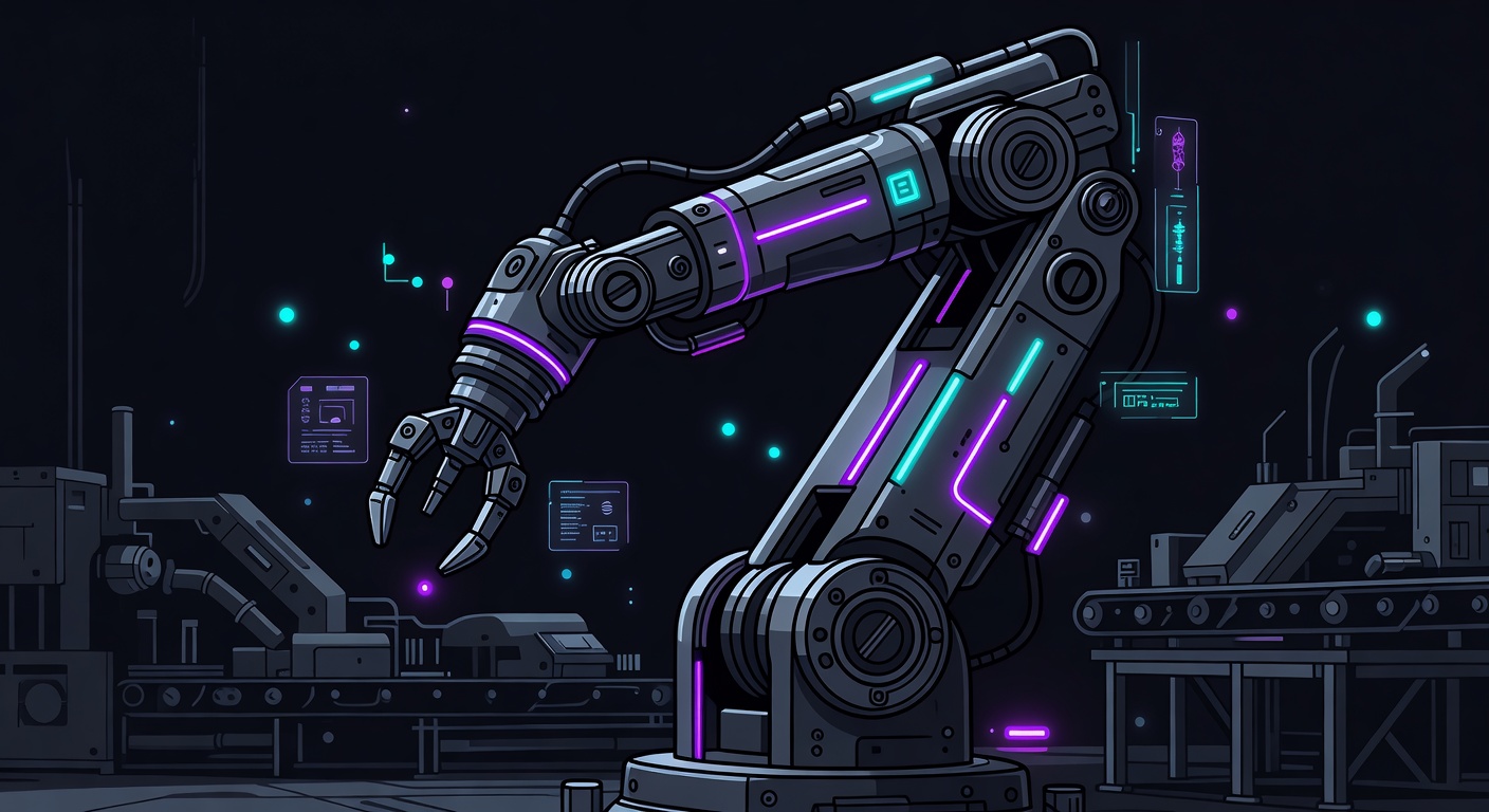 Stylized neon-lit robot arm in a dark cyberpunk industrial setting