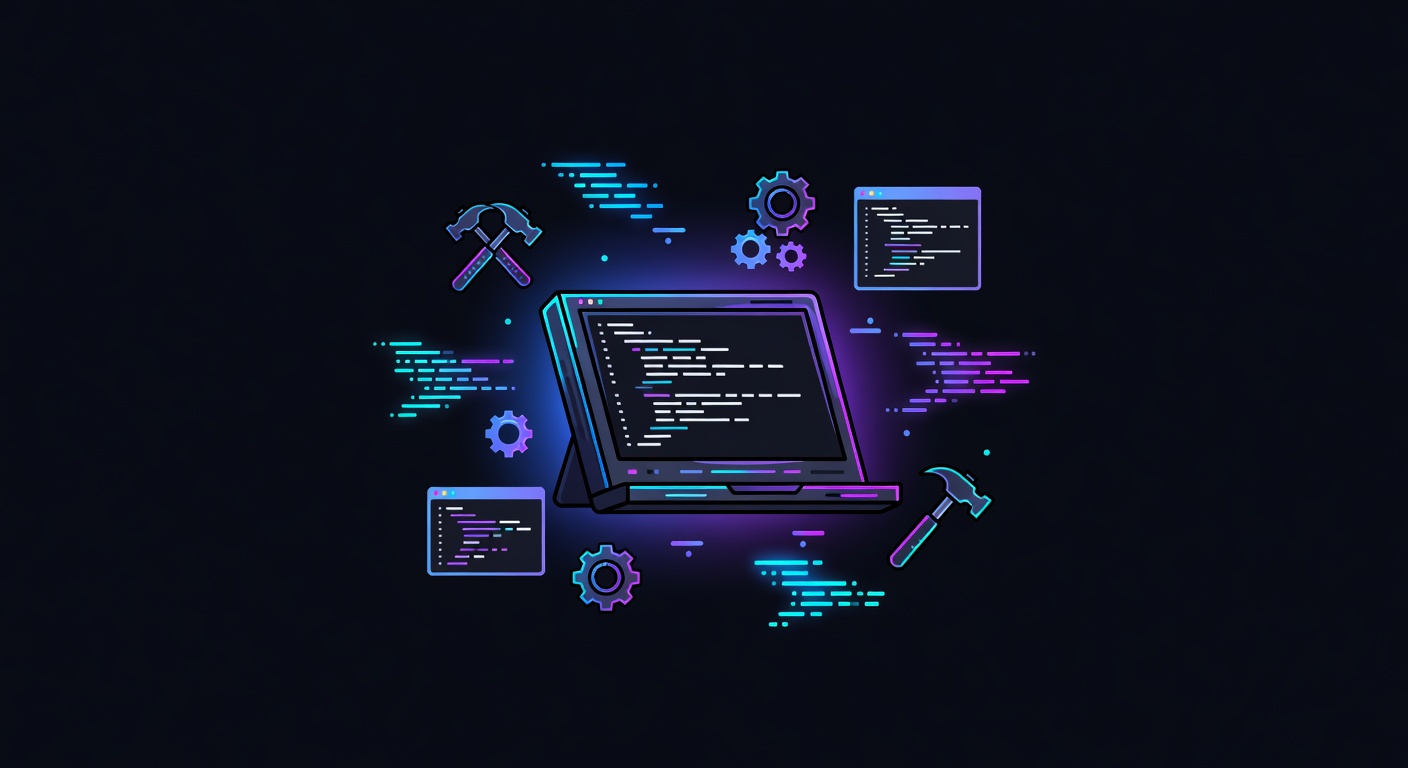 Neon-lit terminal and development tools in a dark void