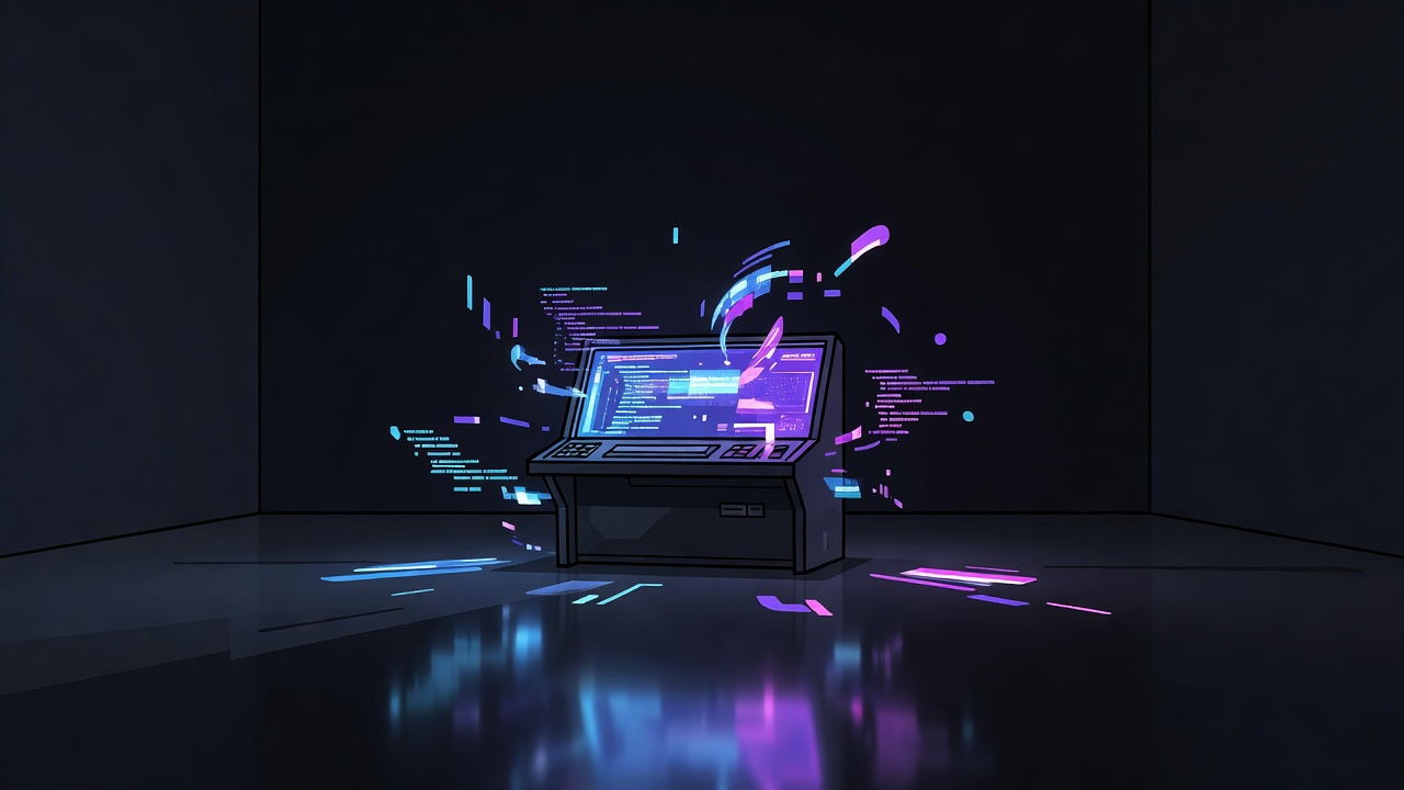 Neon-lit terminal console with code reflections in a dark room