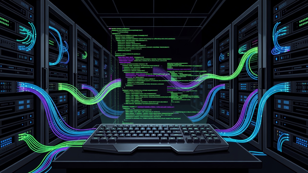Futuristic AI coding terminal in a dark server rack room with holographic code