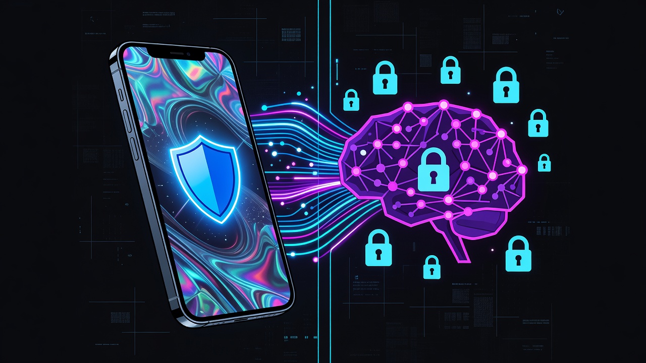 Split scene of smartphone with privacy shield next to abstract neural network with padlocks