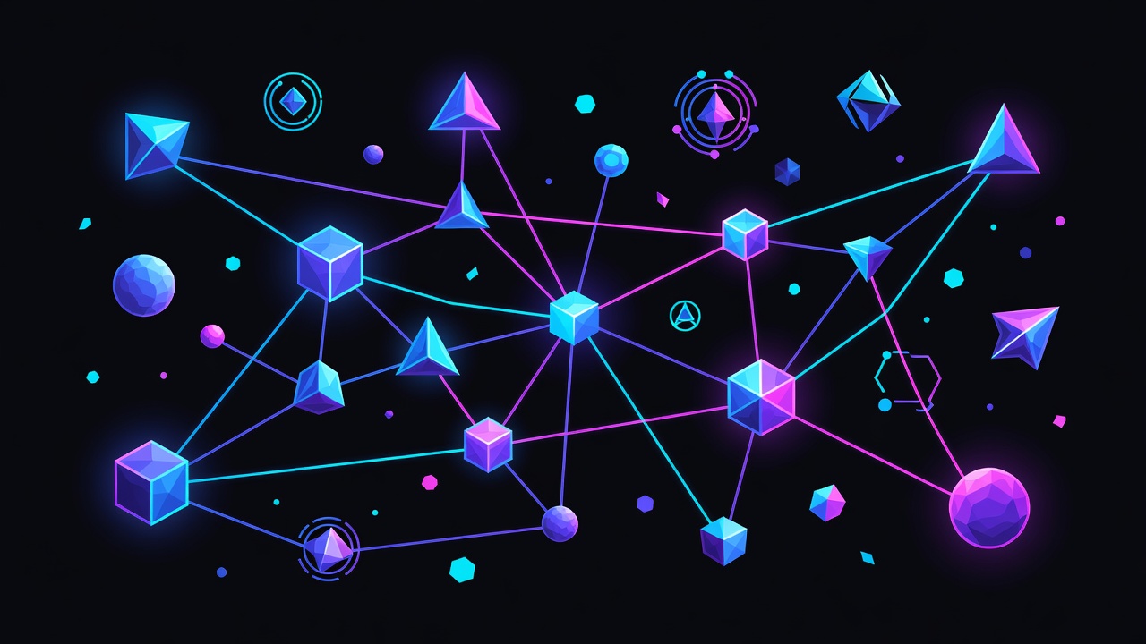 Abstract multi-agent AI workflow visualization in neon dark tech style