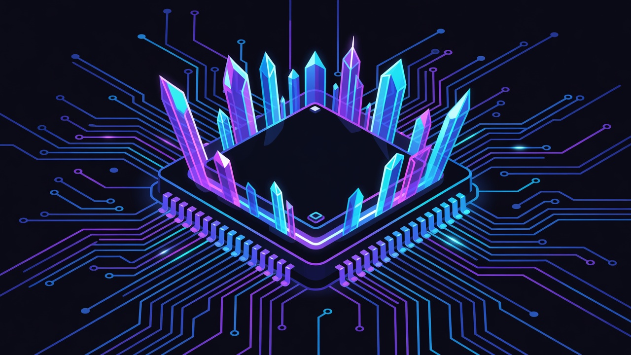 Futuristic AI processor chip die with glowing circuit traces in neon dark tech style