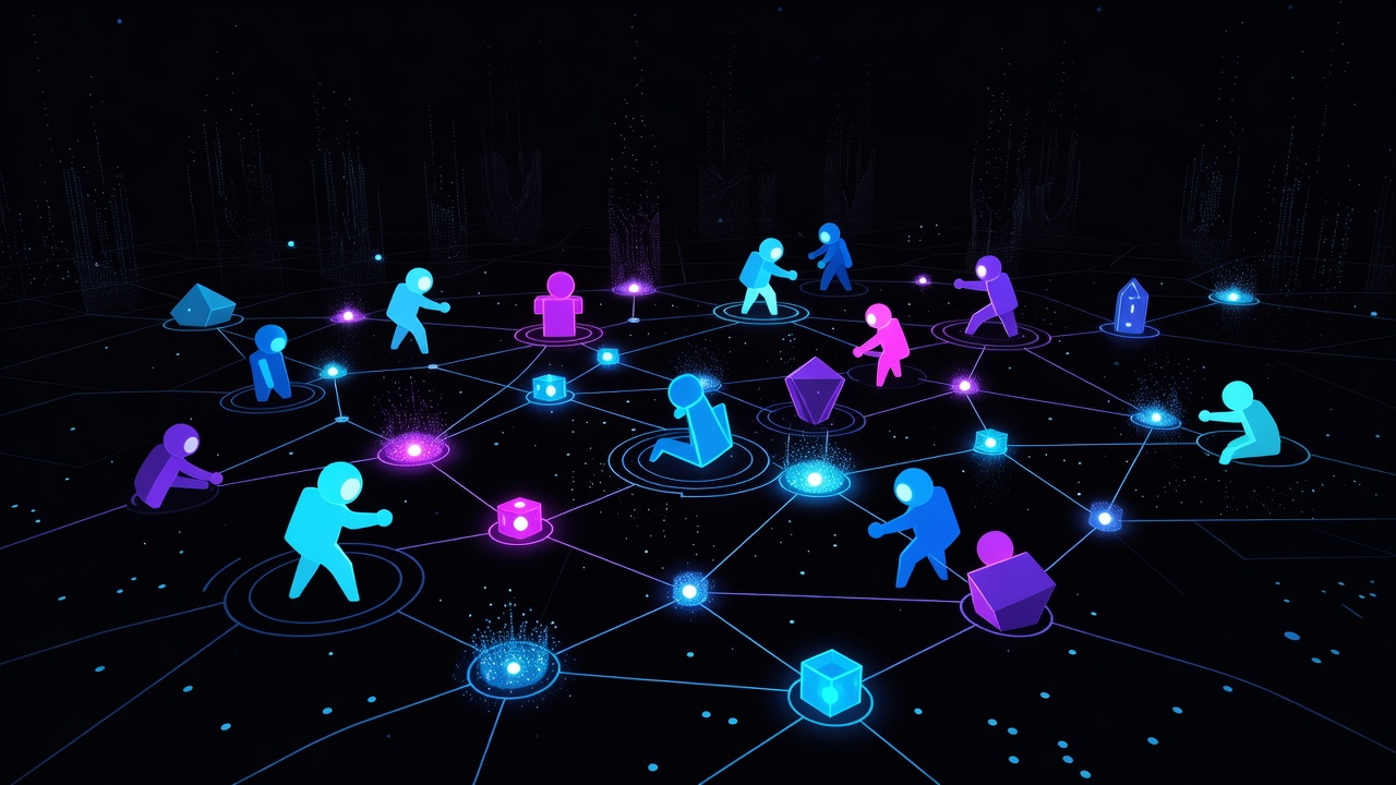 Abstract multi-agent collaboration scene with glowing interconnected nodes in a data-rich void