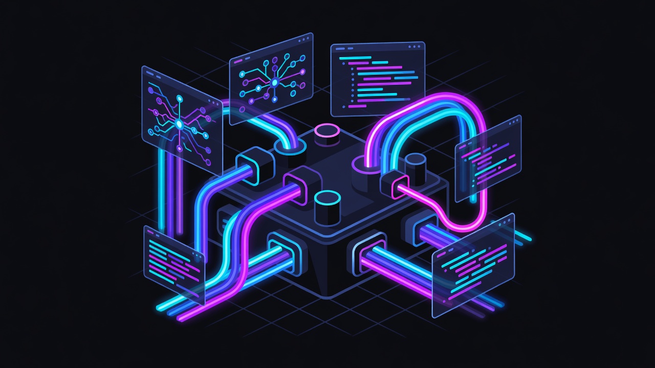Stylized neon-dark API interface hub with data streams and holographic code diffs