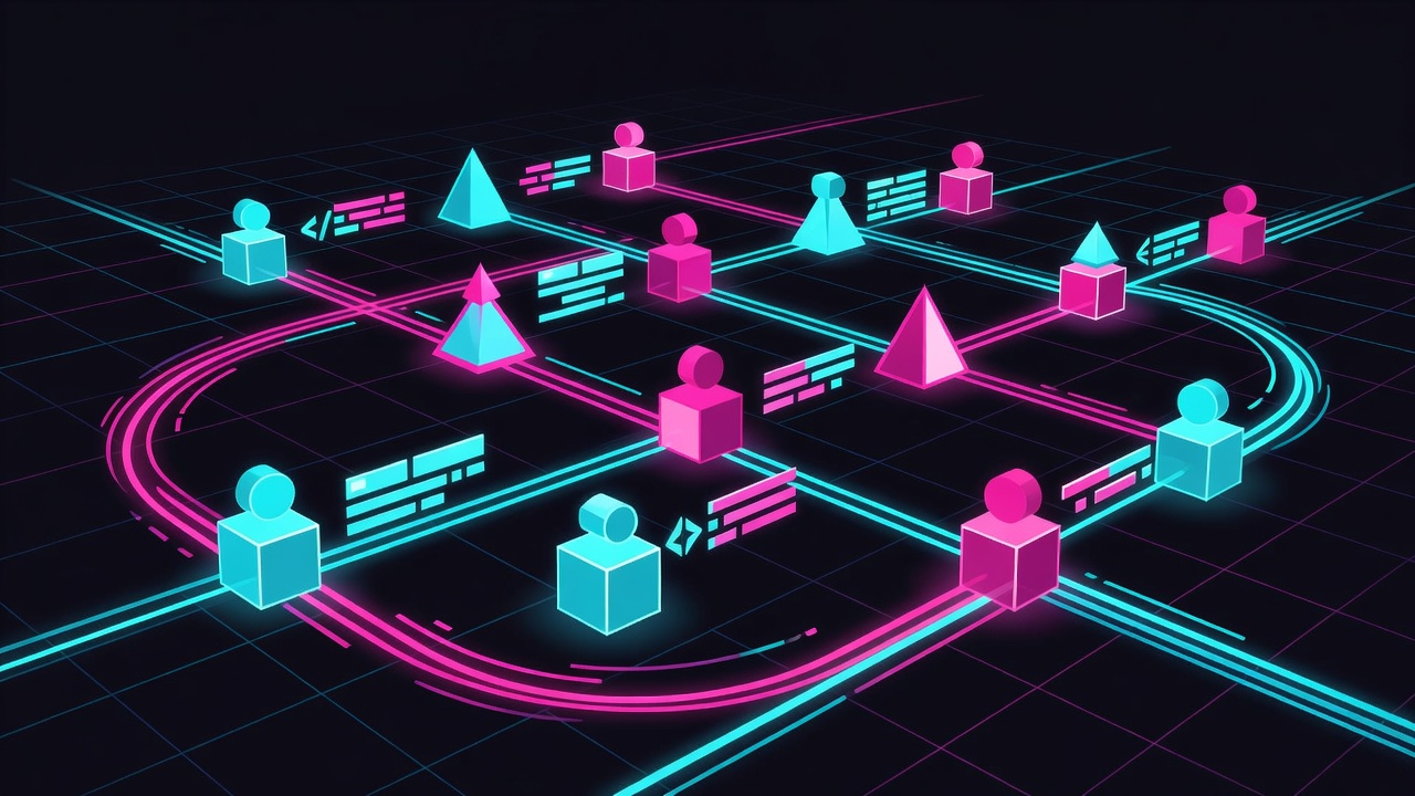 Abstract AI coding agents collaborating in a dark digital workspace