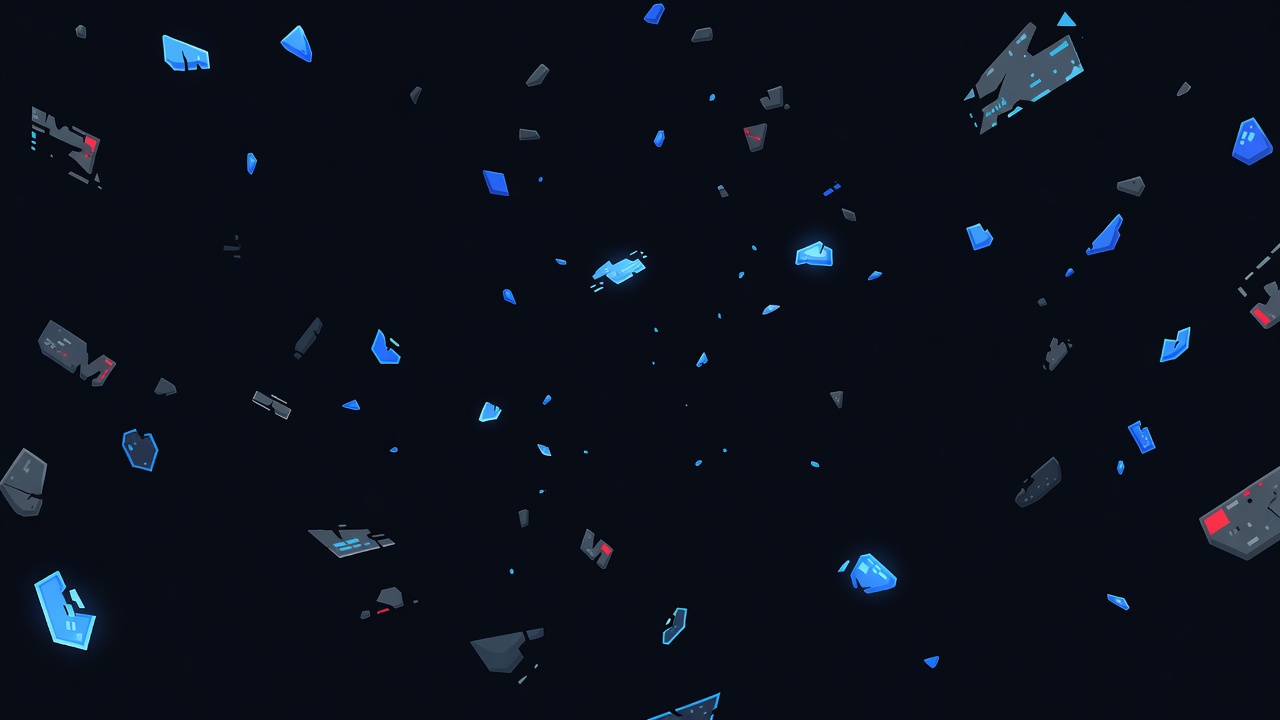 Fragmented memory shards floating in a dark void, representing AI memory degradation