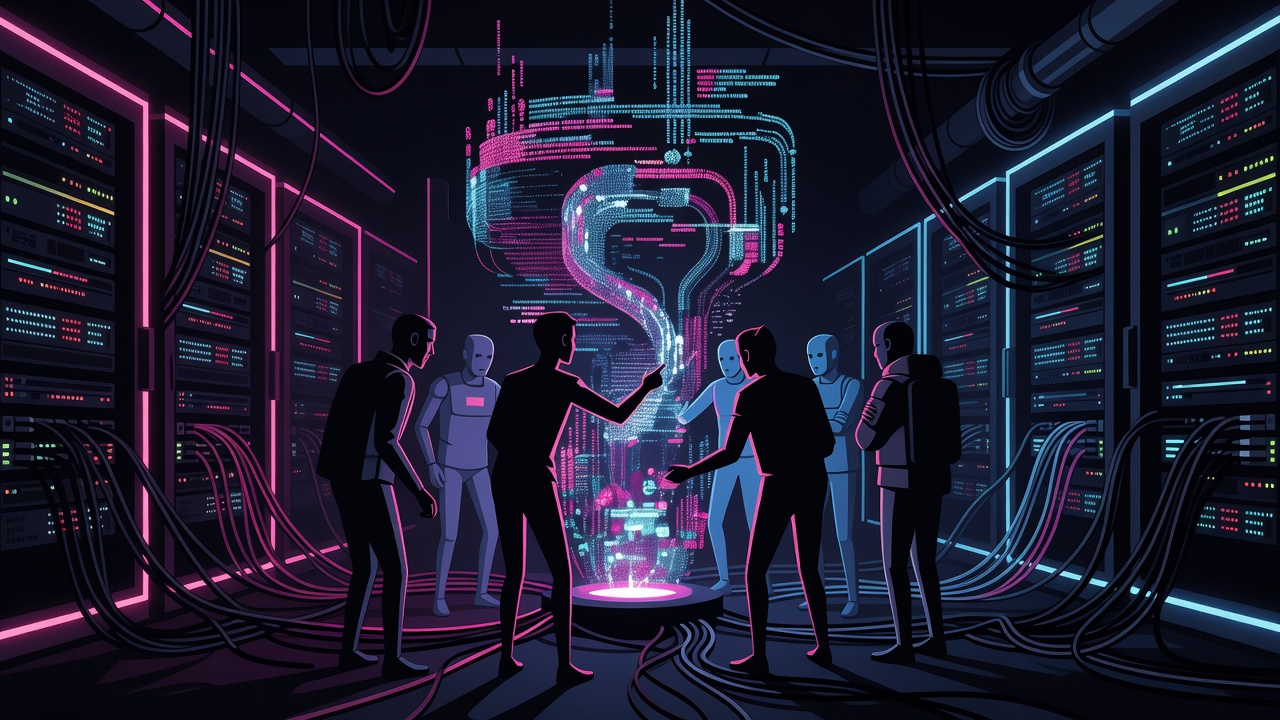 Dark government control room with holographic AI model status displays showing suspended indicators