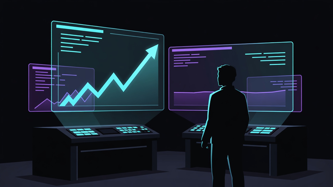 Dark tech control room with floating holographic dashboards showing diverging code metrics and shipping charts