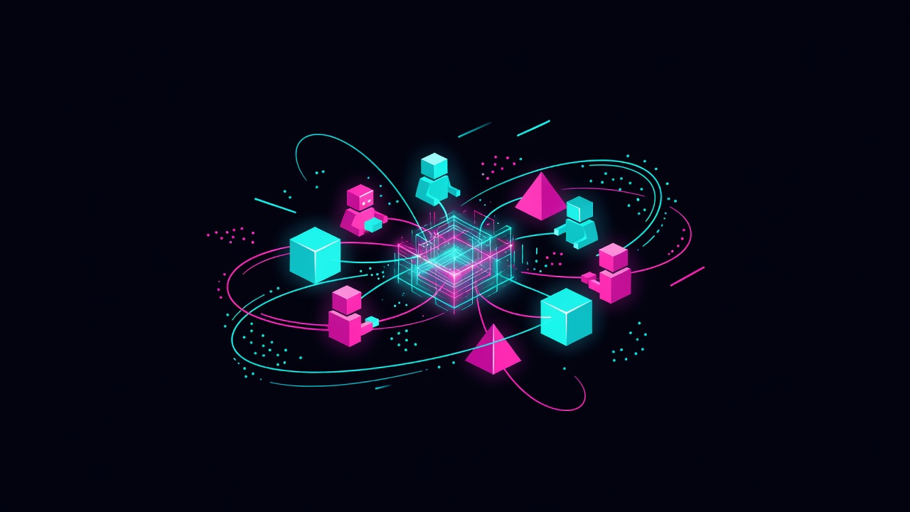 Abstract AI agents collaborating around holographic code in a dark void
