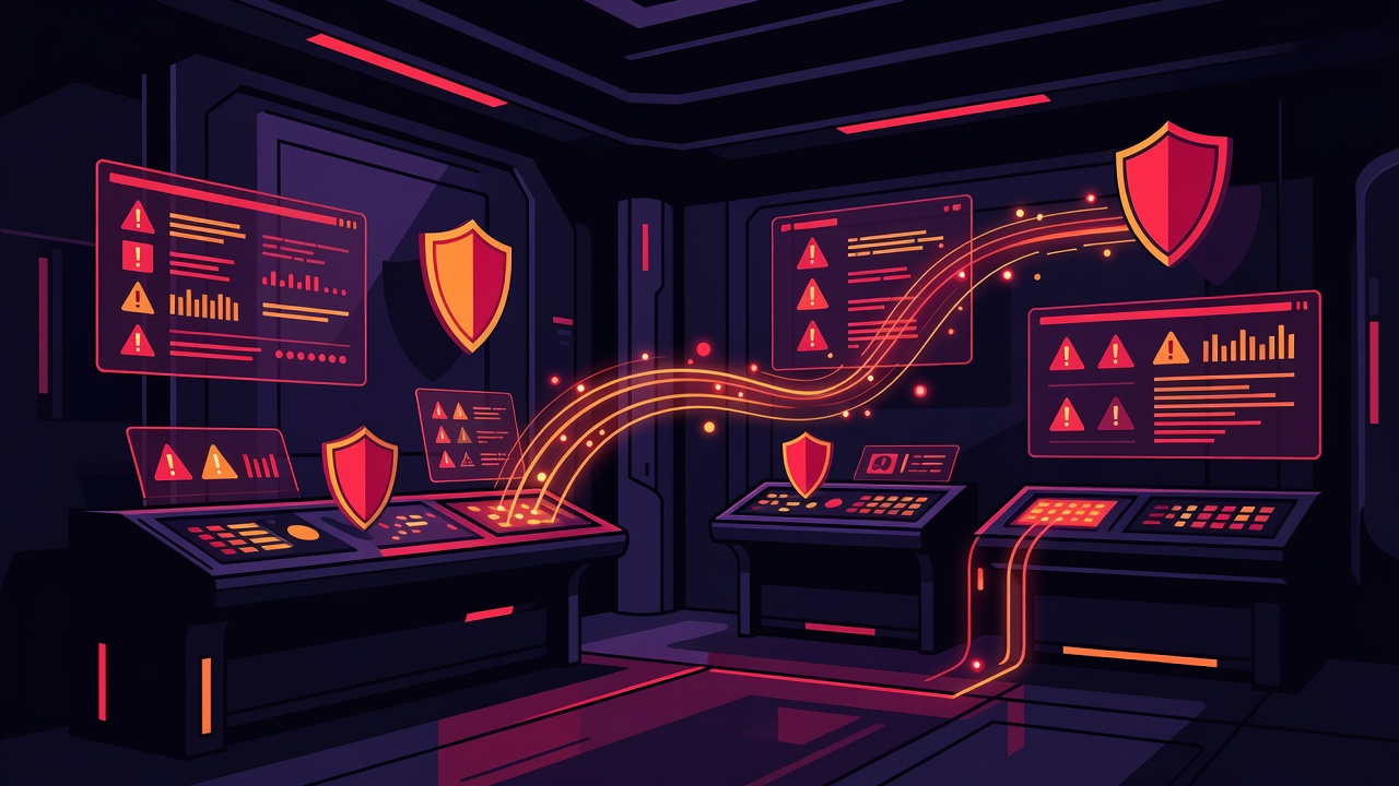 Dark cyberpunk control room with holographic security dashboards
