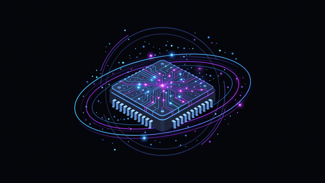Futuristic microchip die with glowing neural network pathways