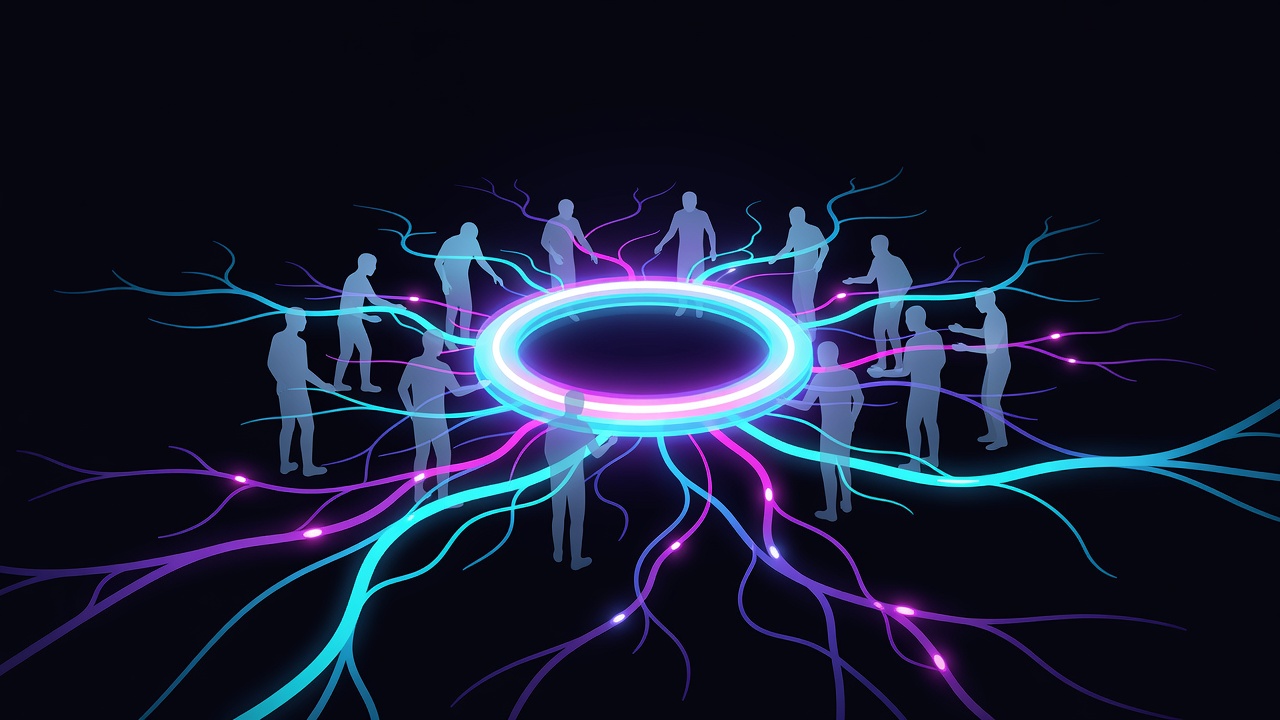 Abstract AI agent silhouettes collaborating around a glowing toroidal data structure