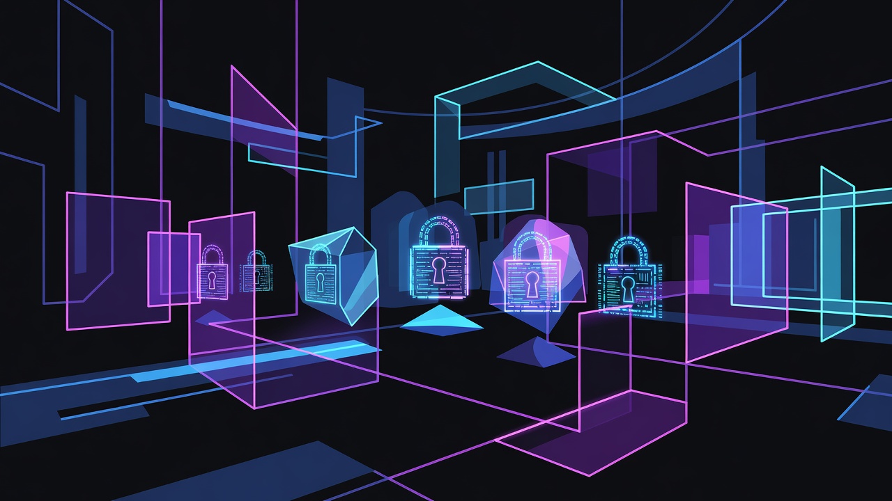 Dark futuristic control room with holographic AI model locks and security barriers