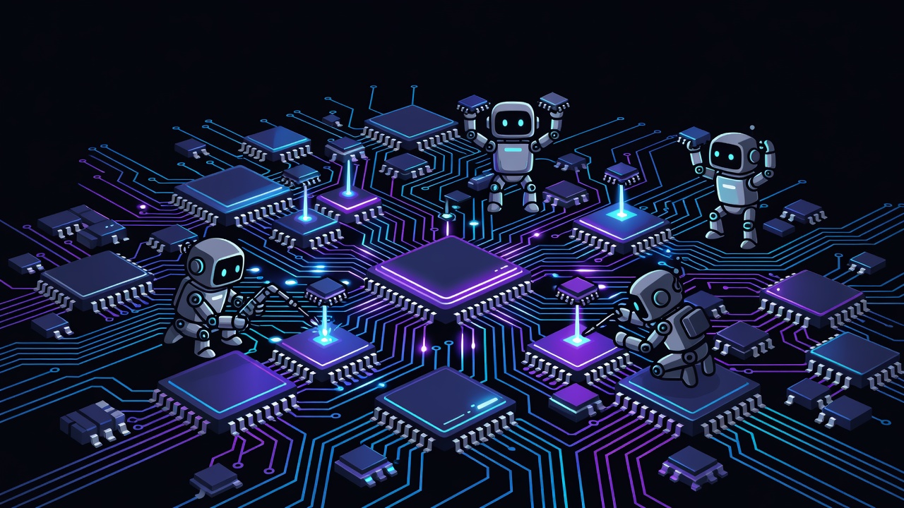 Close-up circuit board with glowing traces and tiny AI agent robots working on chips