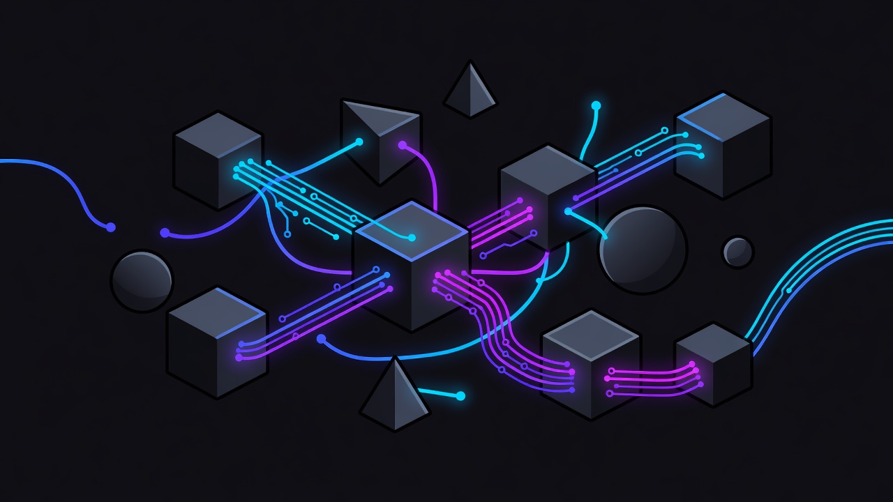 Abstract multi-agent collaboration with glowing data streams between geometric shapes