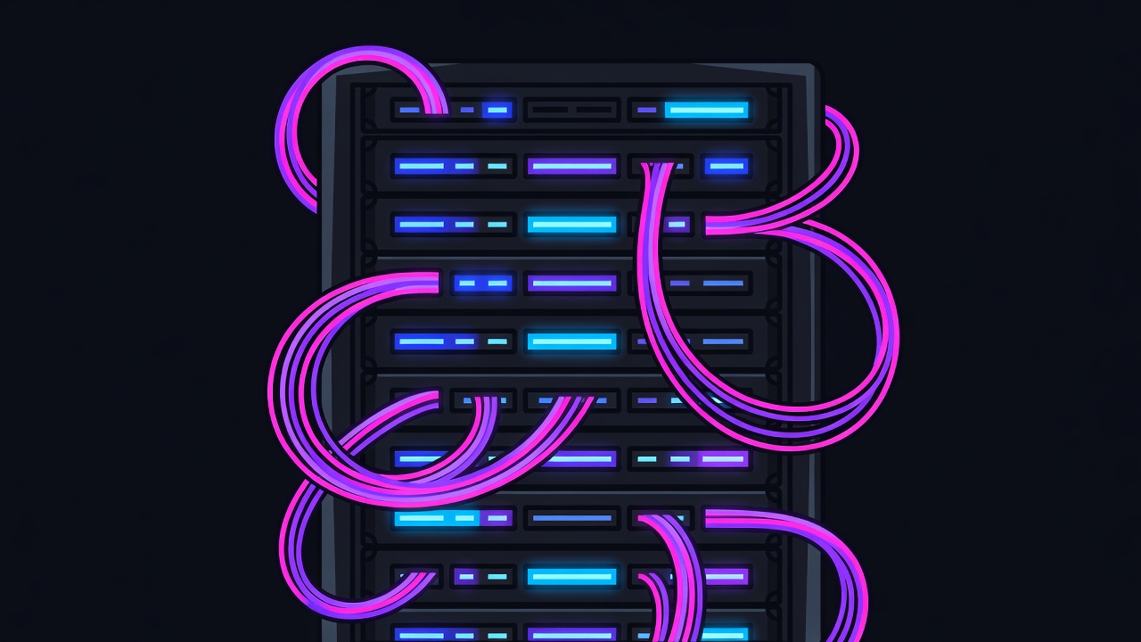 Futuristic data center rack with glowing server blades and fiber optic cables