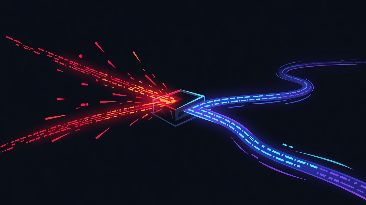 Abstract cybersecurity attack visualization showing malicious code flowing through a data pipeline