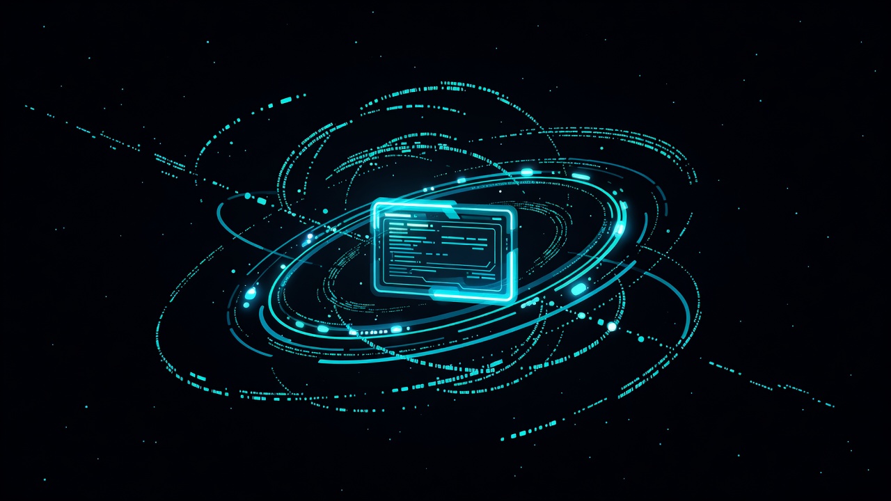 Neon-lit terminal with code particles
