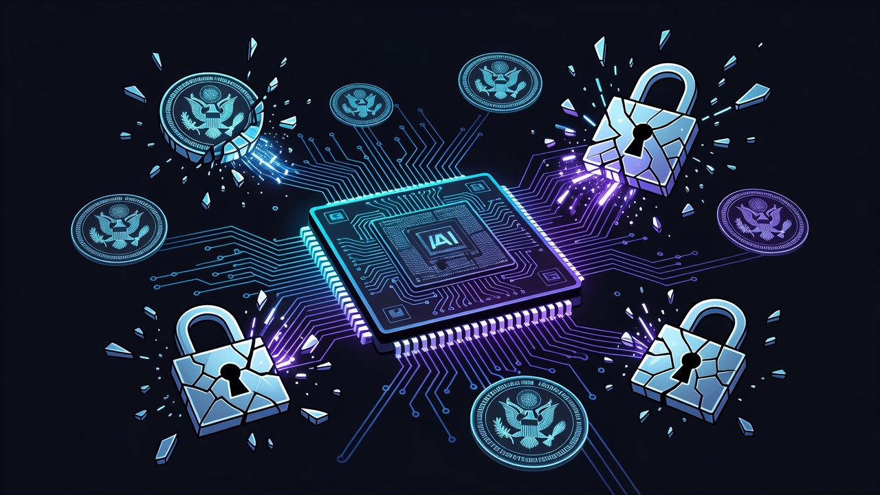 Glowing AI chip die with cracking government lock icons, dark cyberpunk style